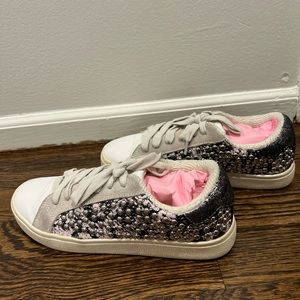 Aqua white and grey snakeskin studded sneakers